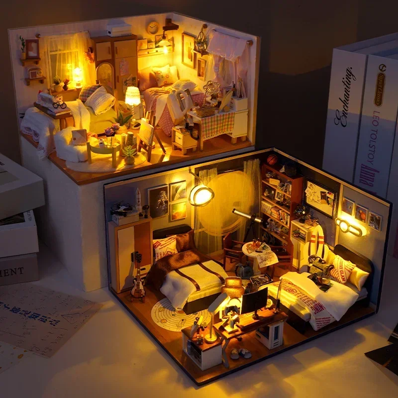 

DIY Doll House Toy 3D Wooden Doll Houses Miniature Dollhouse Toys with Furniture LED Lights Finished Size:21*17.5*12CM