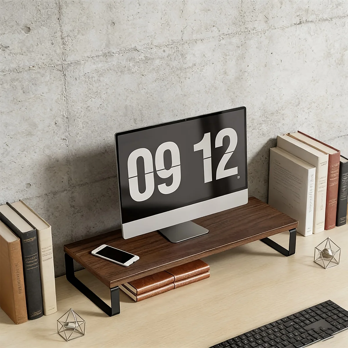 Industrial Style Wood Top Monitor Stand Riser with Metal Frame, Desktop Organizer for Keyboard Storage, Space-Saving Computer El