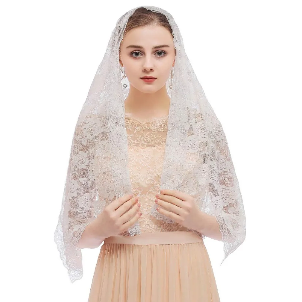 Temperament Elegant Veil Prayer Shawl Breathable Lace Trim Bride Head Gauze Spanish Style Long Mantilla Headwear Scarf Church