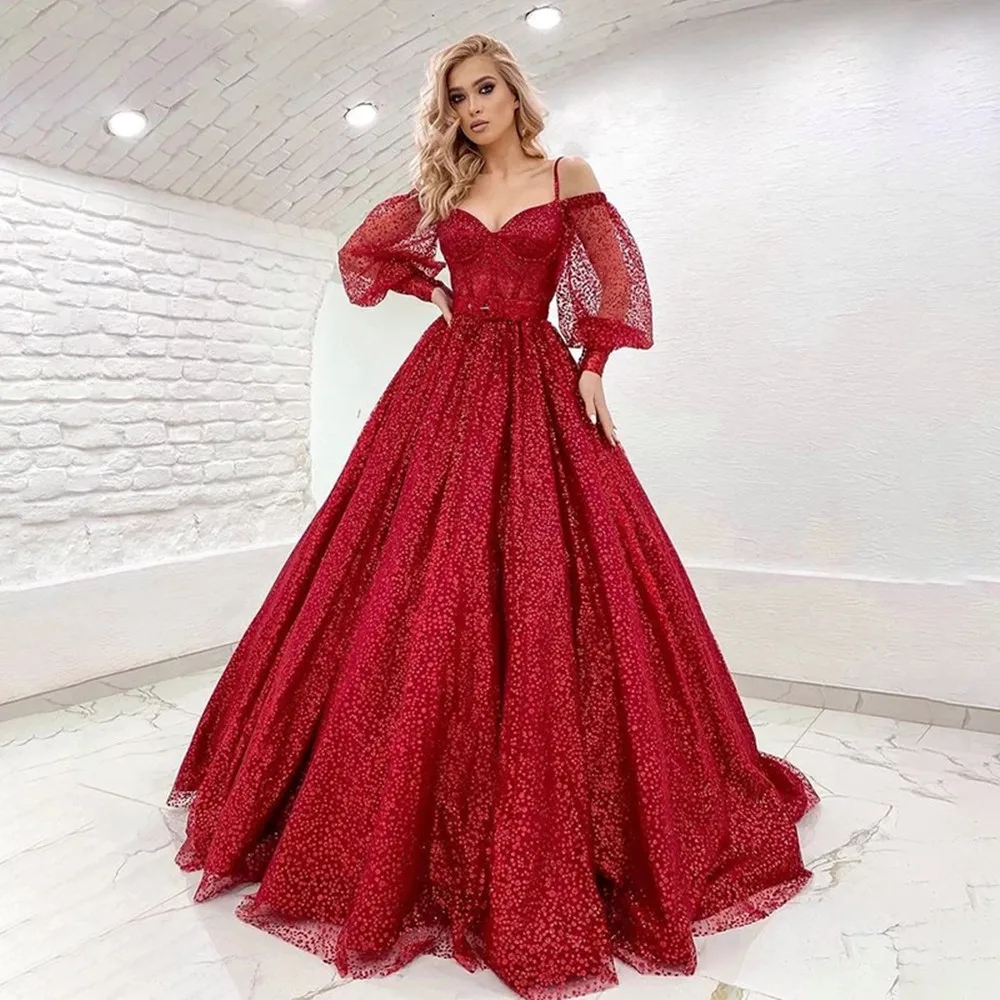 

Charming Red 2023 Prom Dresses Long Off The Shoulder Long Sleeves Sparkly Formal Evening Gowns Arabic Dubai Night Party Outfits