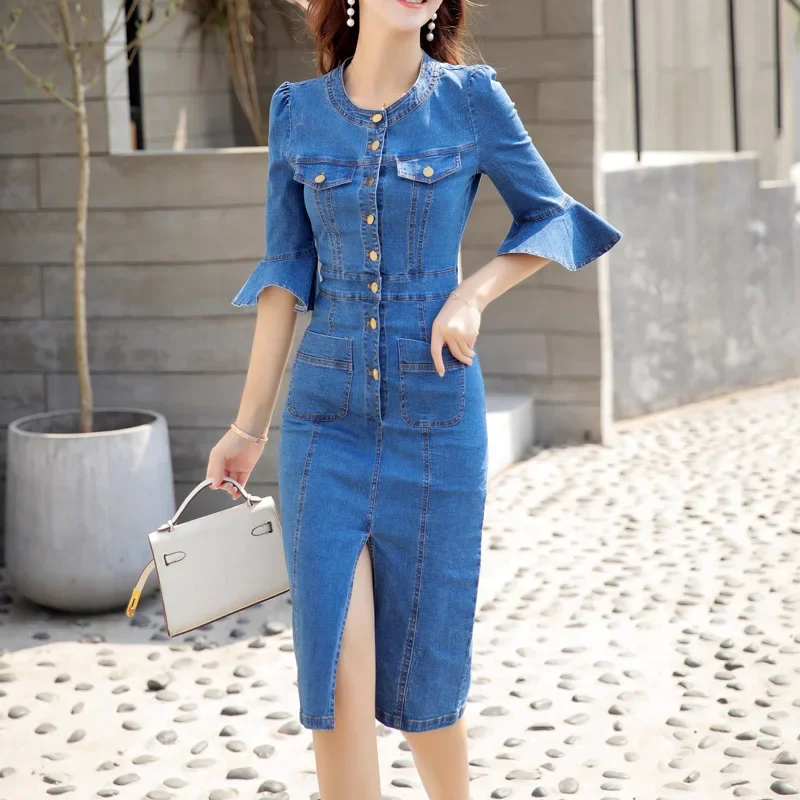 

Autumn Denim Dress Women Korean Flare Sleeve Bodycon O-Neck Office Lady Vintage Single-breasted Slim Knee Length Dress