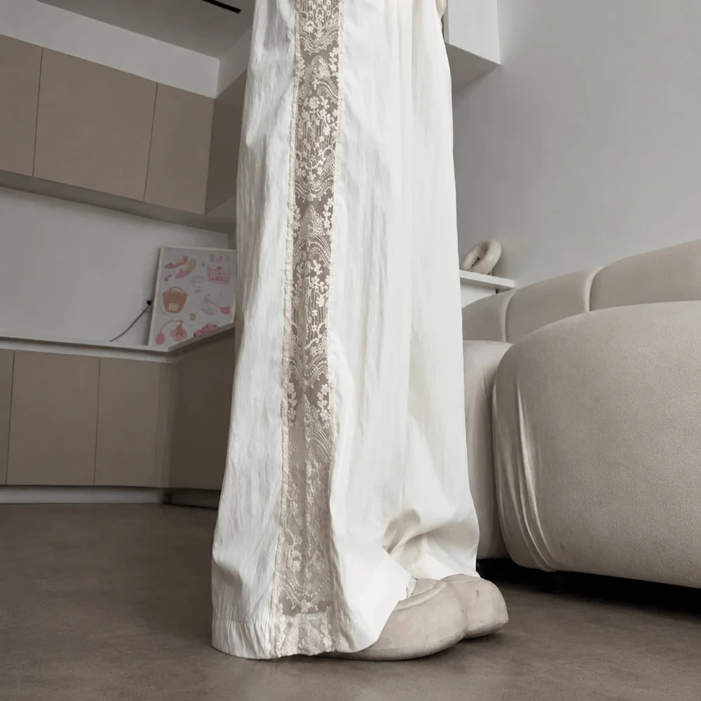 Retro Hollow Lace Casual Pants Loose Fit Solid Color Wide Leg Pants High Waist Breathable Straight Pants