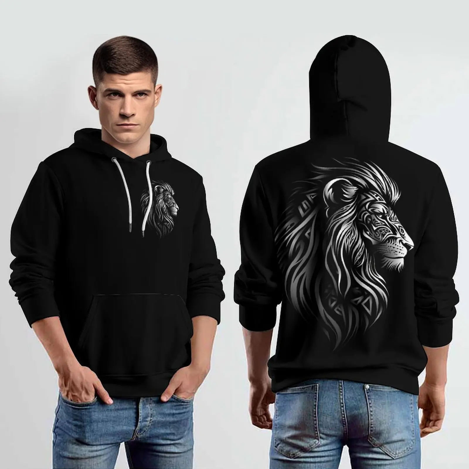 LION Men\'s Hoodie Traditional Culture Handsome Logo Sportswear Sweatshirt Long Sleeve Pullover Fashion Night Run Hike Camp