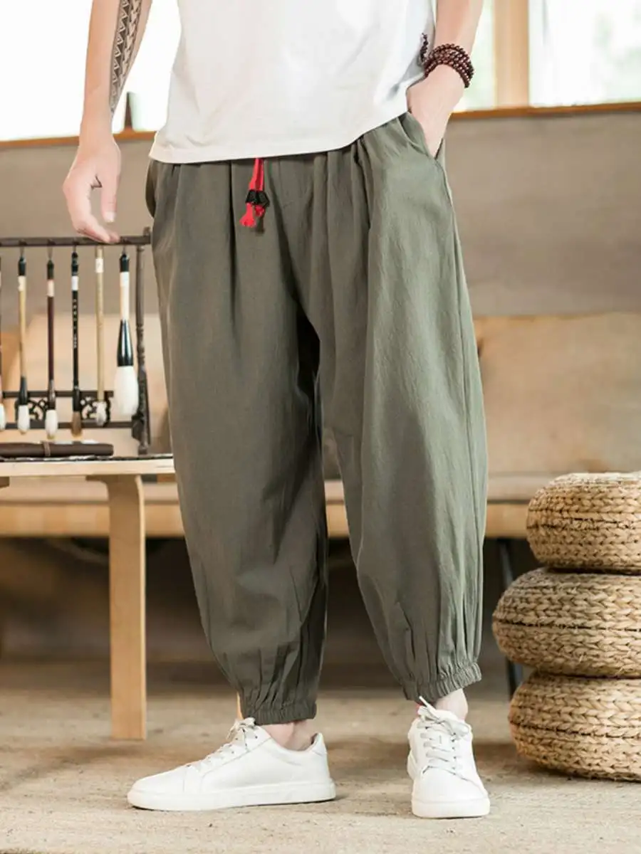 

Мужские брюки свободного кроя из хлопка, длина девять десятых, размер XL, в стиле ретро, повседневные, с широкими штанинами