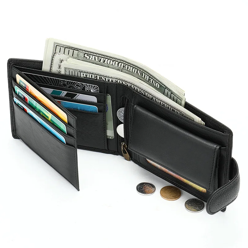 Genuine Leather Men's Black Wallet Soft Cowhide Short Purse RIFD Blocking Card Holder Coin Pocket Bag Money Cash Wallet Men Gift