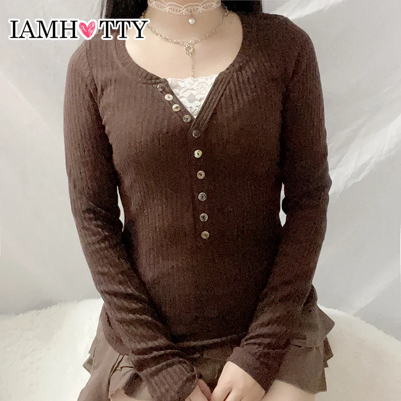 

IAMHOTTY кокетка контрастных цветов кружевная Лоскутная поддельная футболка из двух частей женский милый трикотажный топ на пуговицах винтажные пуловеры Y2K