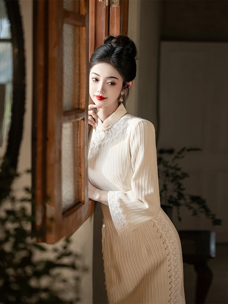 

Новое китайское длинное теплое платье с длинными рукавами для женщин, осенне-зимний дизайн, высокое качество, для повседневной носки