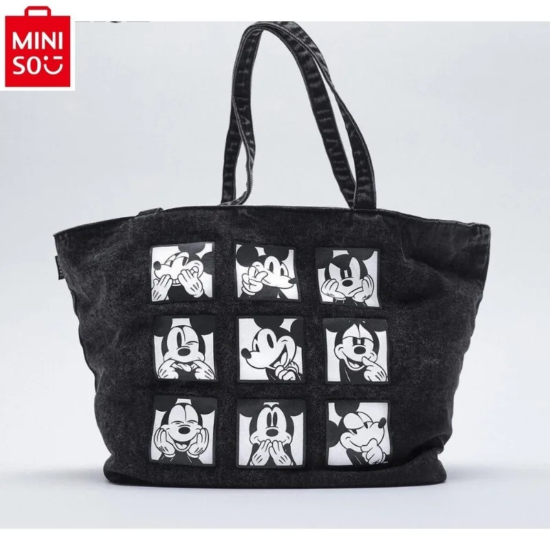 MINISO 2024 New Women's Fashion High Quality Canvas Tote Bag Cute Cartoon Mickey Print Large Capacity Casual Storage Bag