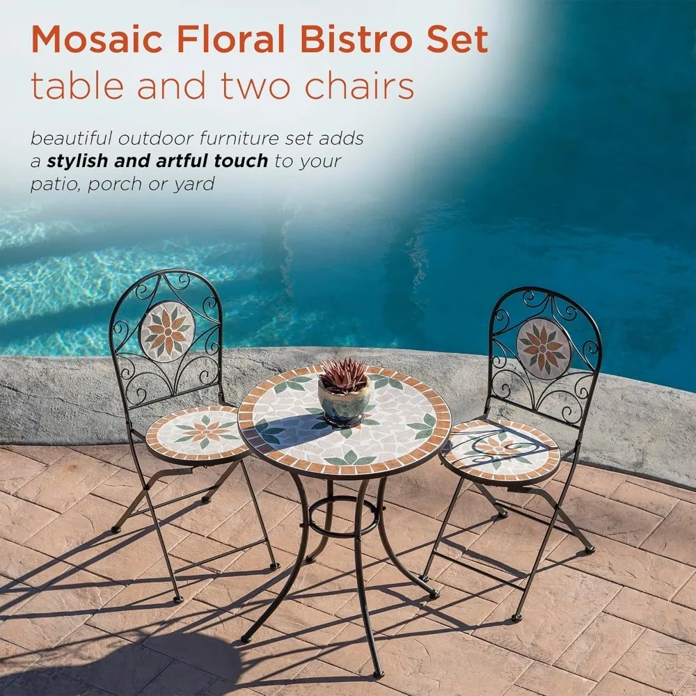 Indoor/Outdoor 3-delige Mozaïek Bistro Set Klaptafel En Stoelen Patio Zitjes, Tuinmeubelen Sets