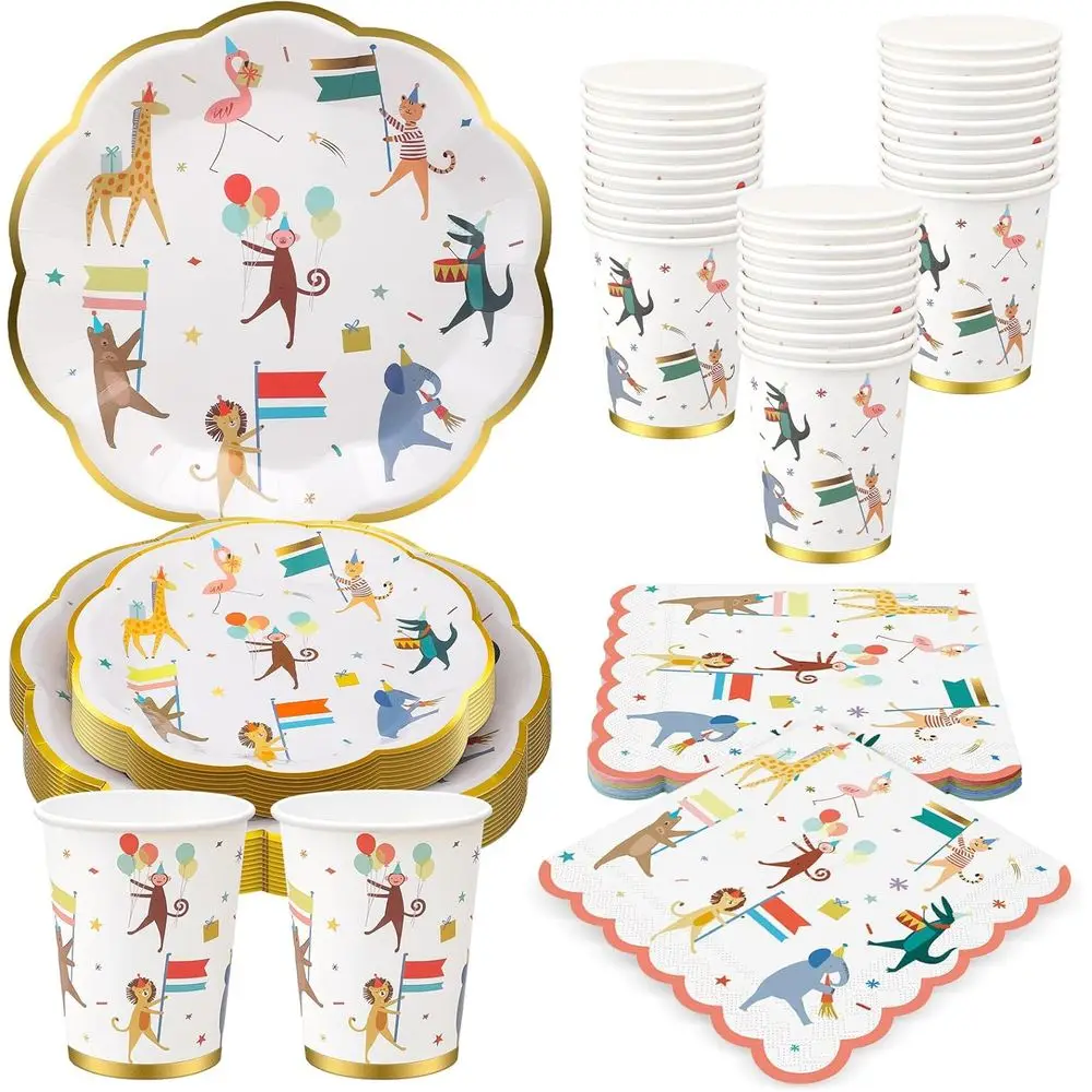 

100 Pcs Animal Parade Party Plates Set, Including 9 Inch and 7 Inch Animal Parade Paper Scalloped Plates, Cute Disposable Napkin