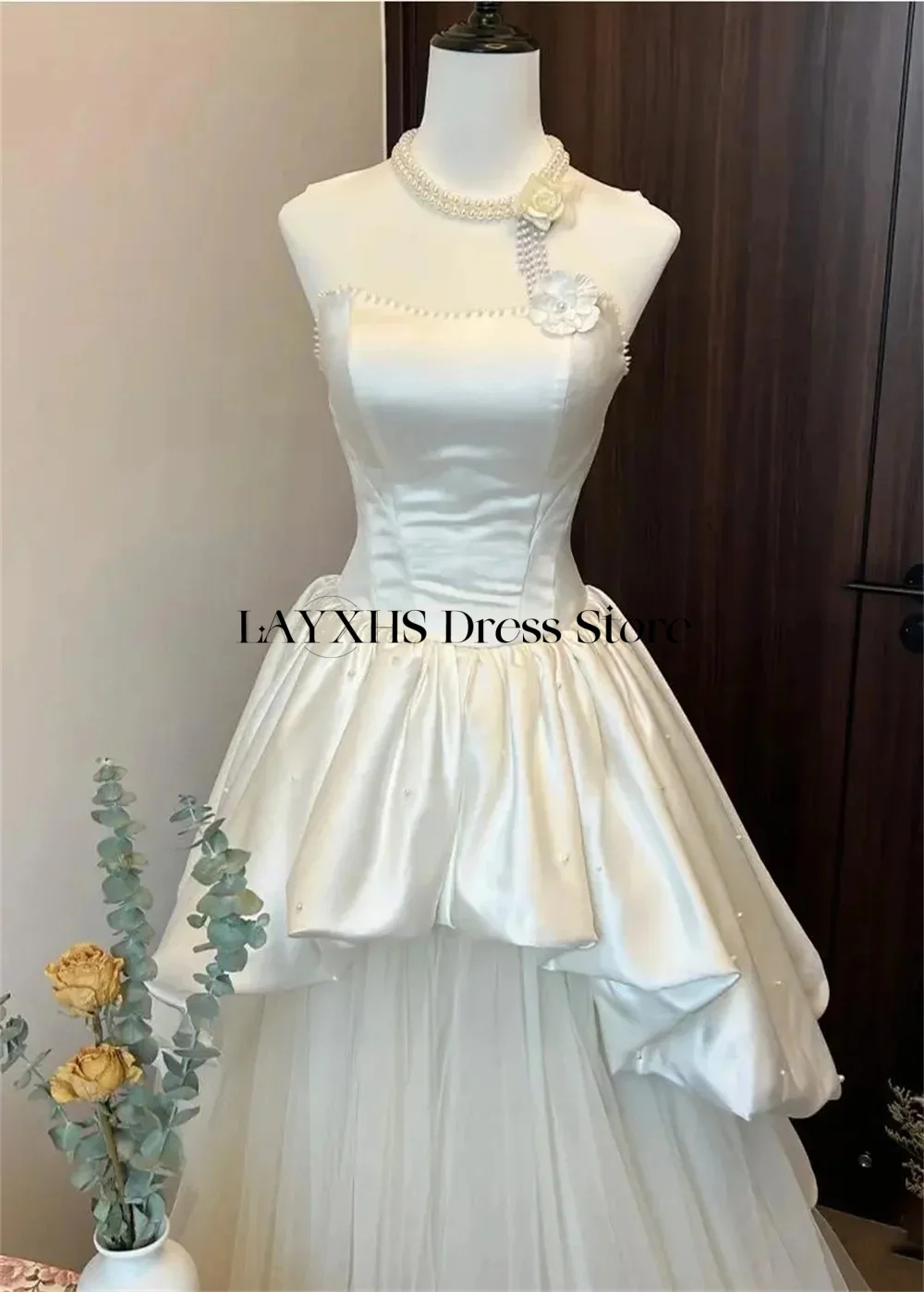 Suknie ślubne księżniczki z koralikami, dekolt typu halter, Korea, sesja zdjęciowa, satyna, tiul, kwiaty, linia A, ecru, damskie suknie ślubne, szyte na miarę 2025