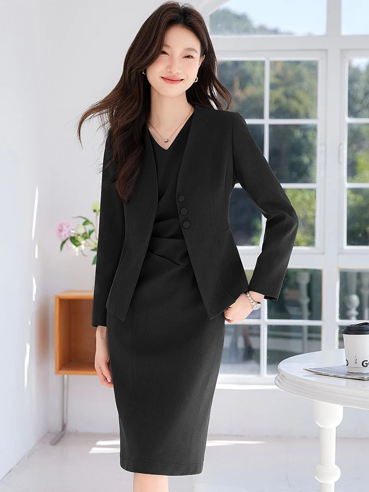 Setelan Bisnis Wanita Formal Gaya Elegan Set Blazer Pakaian Kerja Kantor Profesional dengan Gaun dan Jaket Mantel Wawancara Karir