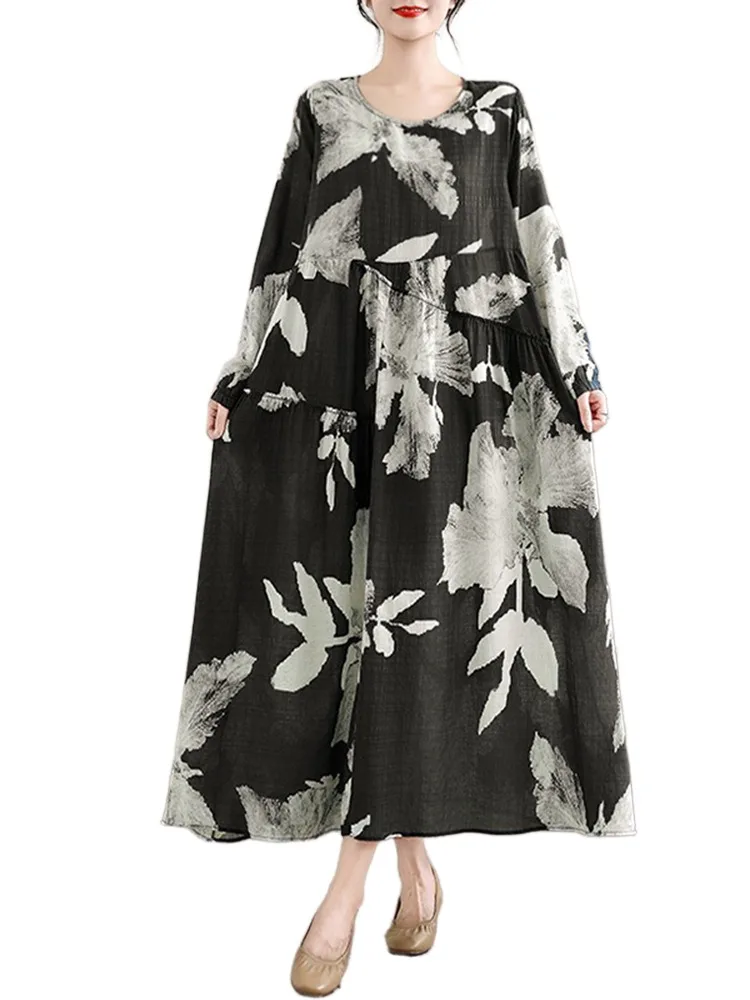 2025 ربيع الخريف قميص قطني بكم طويل طباعة فساتين خمر المرأة فستان طويل فضفاض غير رسمي مكتب سيدة Vestidos ملابس أنيقة