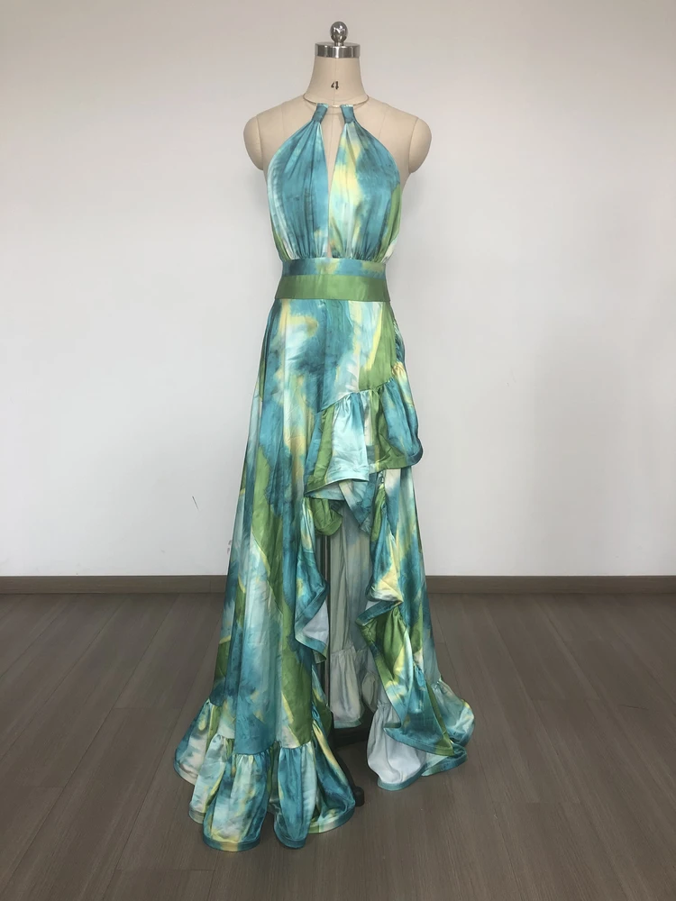 Vestido E de Camadas em Verde adiente com Decote Costas Nuas para Festa de Noite e Praia Moda Fena