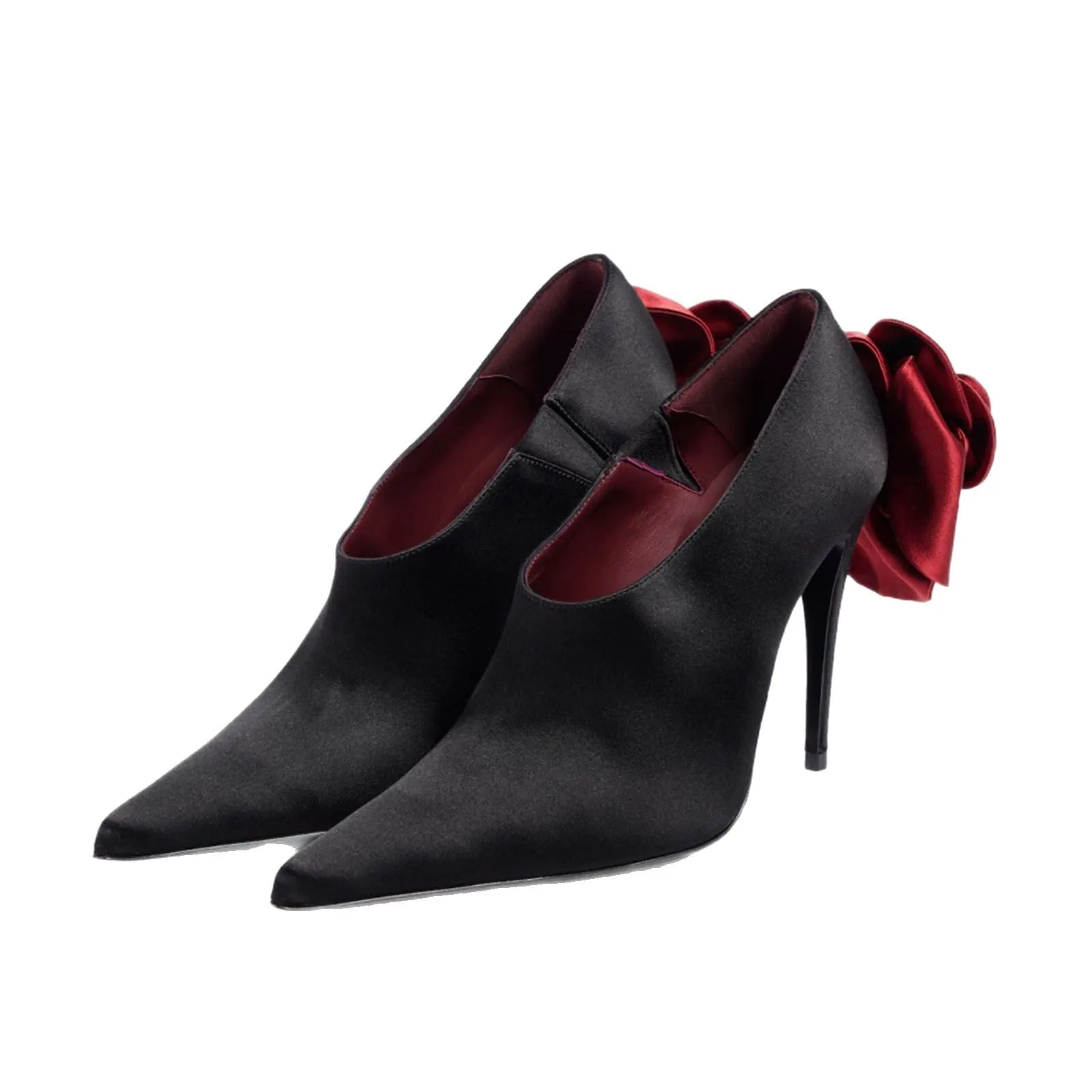 Arden Furtado 2025 Spring Red flower satin Banquet shoes Pointed toe pull-on Super high heel Mixed Colors Ankle boots