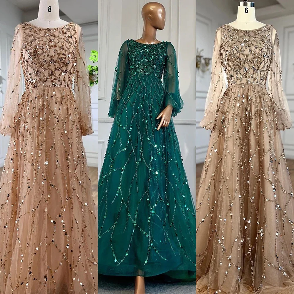 Serene Hill Muslim Green A-Line Luxury Evening Dreses Gowns 2024  O-Neck Puff Sleeves Beaded Sexy Formal Woman Party LA71049A