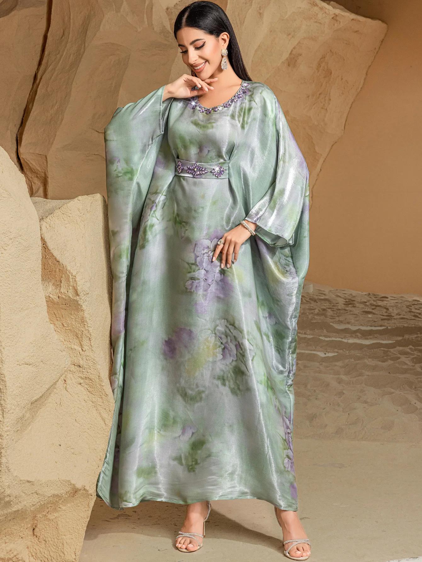 

Eid Djellaba Satin Abaya Ramadan Batwing Sleeve Muslim Dress for Women Turkey Kaftan Kebaya Caftan Marocain Femme Robe Jalabiya