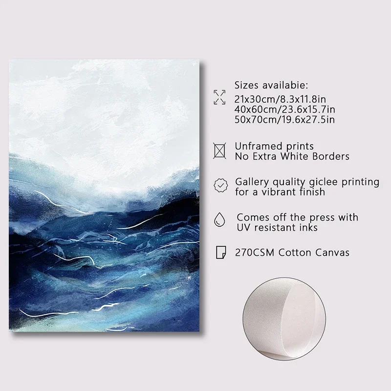 3-pcs Abstract White Black Blue Wave Poster Canvas Print Painting Wall Art Posters Bedroom Living Room Decoration Ideal Gifts