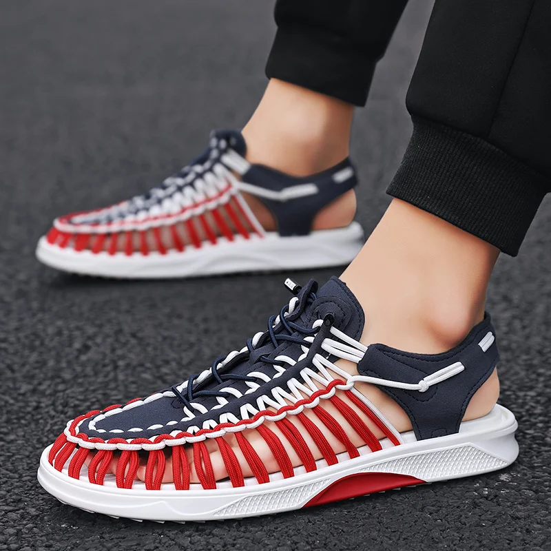 

Летние мужские сандалии, женские тапочки, тканые дизайнерские пляжные сандалии, дышащая повседневная уличная мужская обувь на плоской подошве для пар