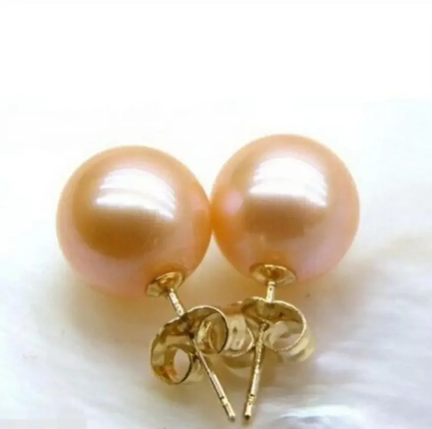 

Fashion jewelry perfect round 10-11mm AAA+++ pink south sea pearl earring new yellow solid gold Noble style Na