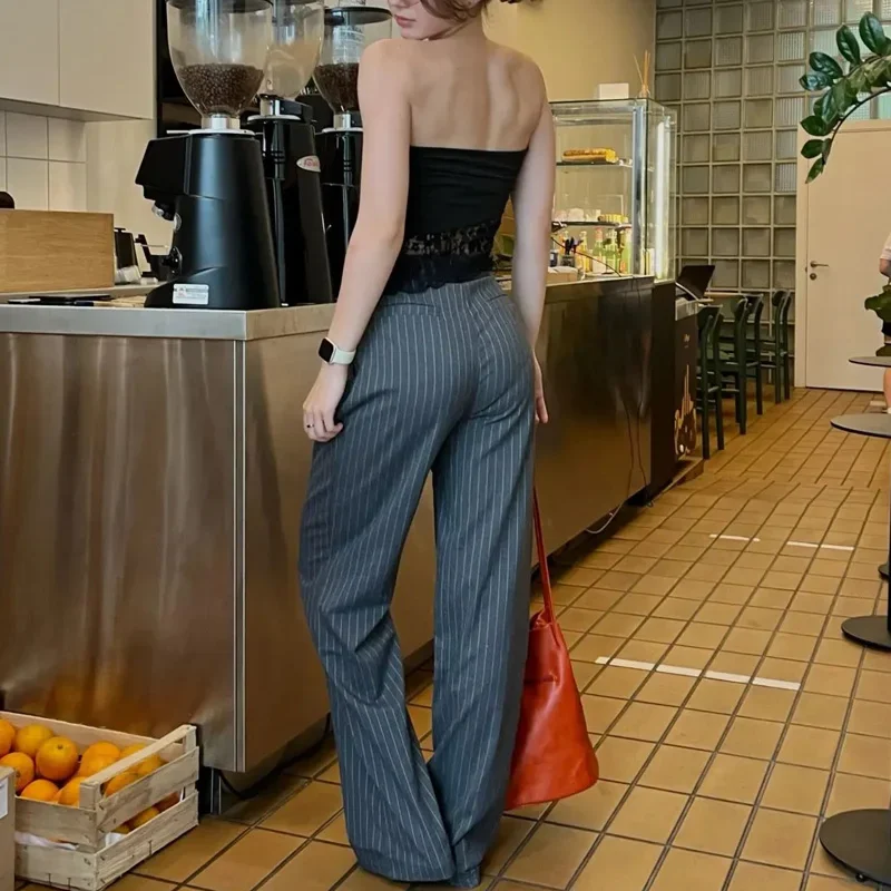 Women's Formal Pants Office Wear Women Striped Grey Black Pants Woman High Waist Baggy Suit Pants Casual Wide Leg Trousers