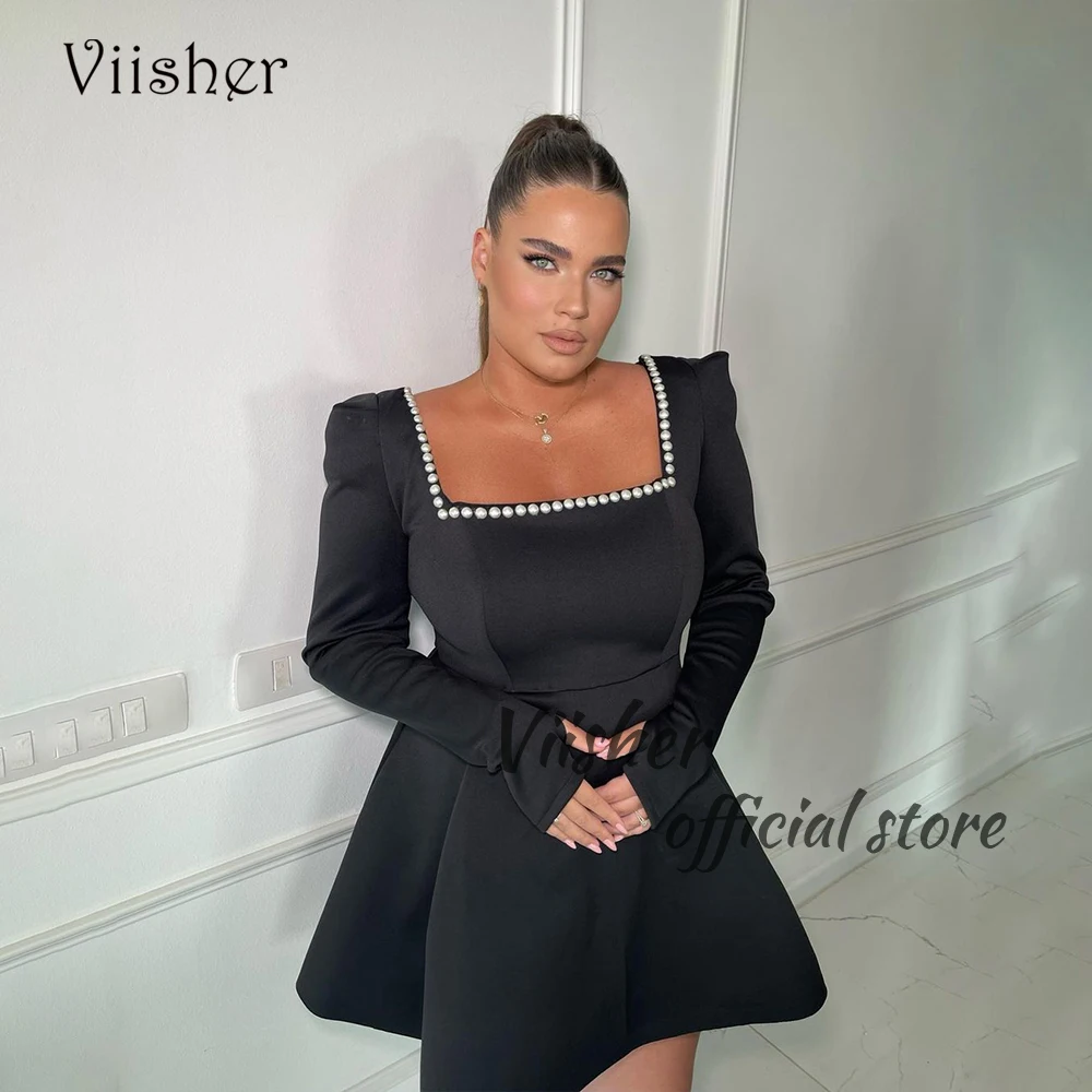 

Black Short Prom Dresses Beaded Satin Square Neck Evening Party Dress Long Sleeve Sexy Mini Cocktail Gala Gowns Lace Up Back