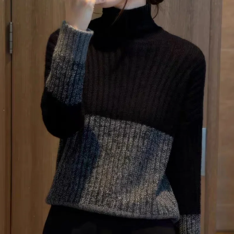 韓国ファッション タートルネック ニット プルオーバー レディース 2025 新作 秋冬 長袖 ラフ カラーブロッキング セーター カジュアル ジャンパー