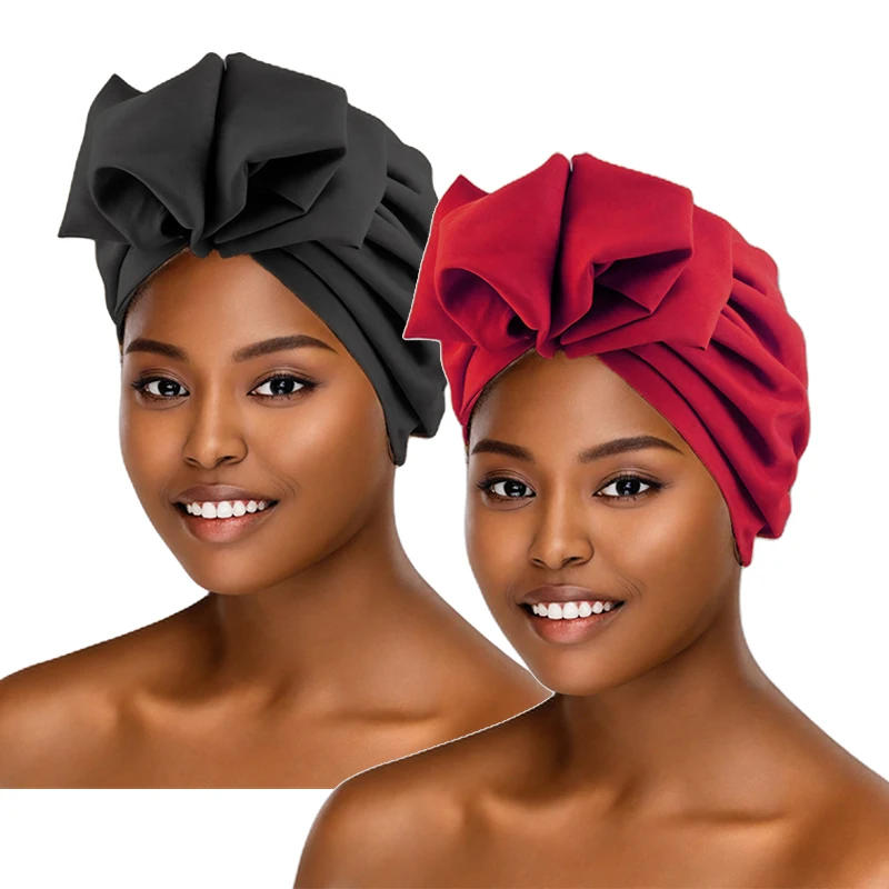 2PCS/LOT Women\'s Hijabs Turban Muslim Large Bow Headscarf African Head Wraps French Retro Flower Head Cap Ladies Beanies Caps