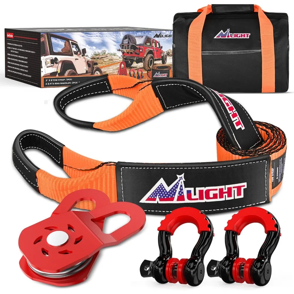 

Heavy Duty Tow Strap Kit with Snatch Block and D-Ring Shackles for Car Truck SUV ATV Recovery