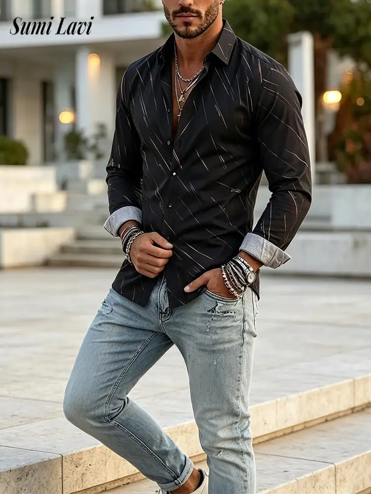 Vintage Long Sleeve Turn-down Collar Shirt Cardigan Mens 2026 Autumn Gold Foil Printed Daily Casual Trendy Tops For Men