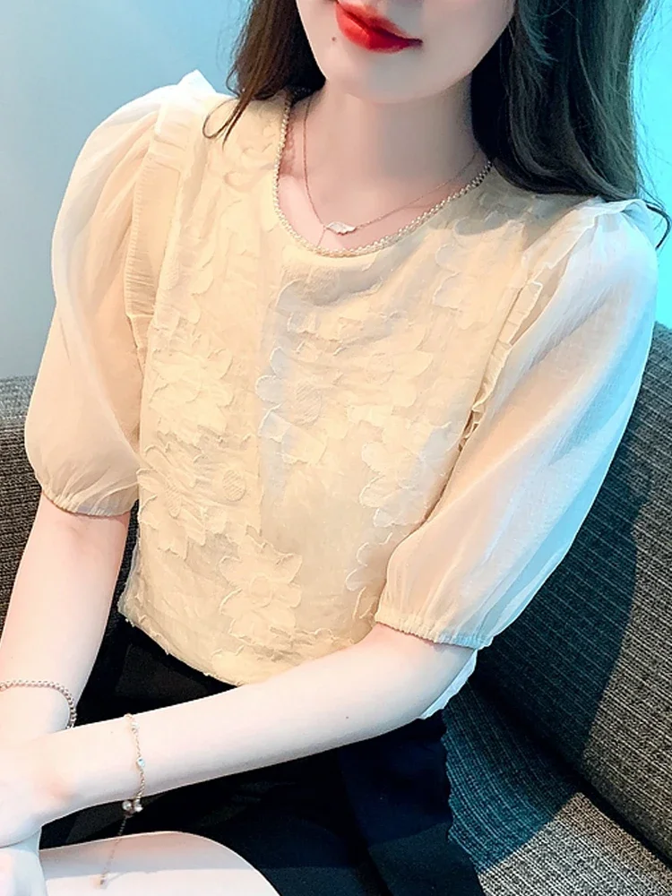 Summer Short Sleeve Blouse Women O-Neck Apricot Chiffon Blouse Shirt Women Tops Blusas Mujer De Moda 2024 Verano Blouses G528