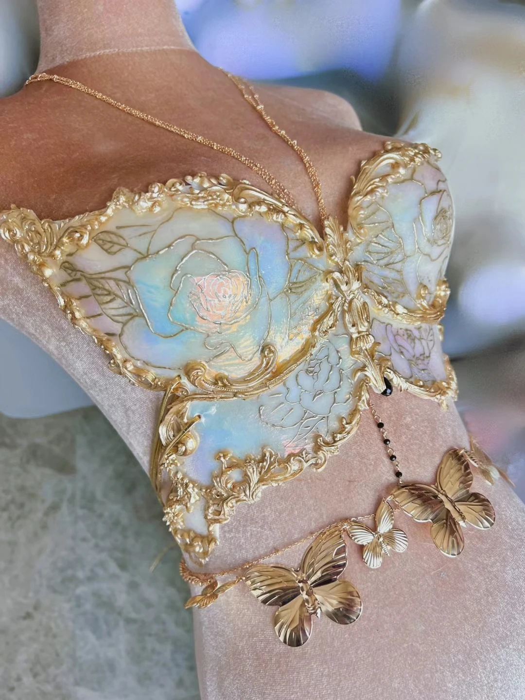 

Fairy Butterfly Bikini Mermaid crystal resin + silicone bra pure handmade custom Cosplay Hand-painted rose butterfly