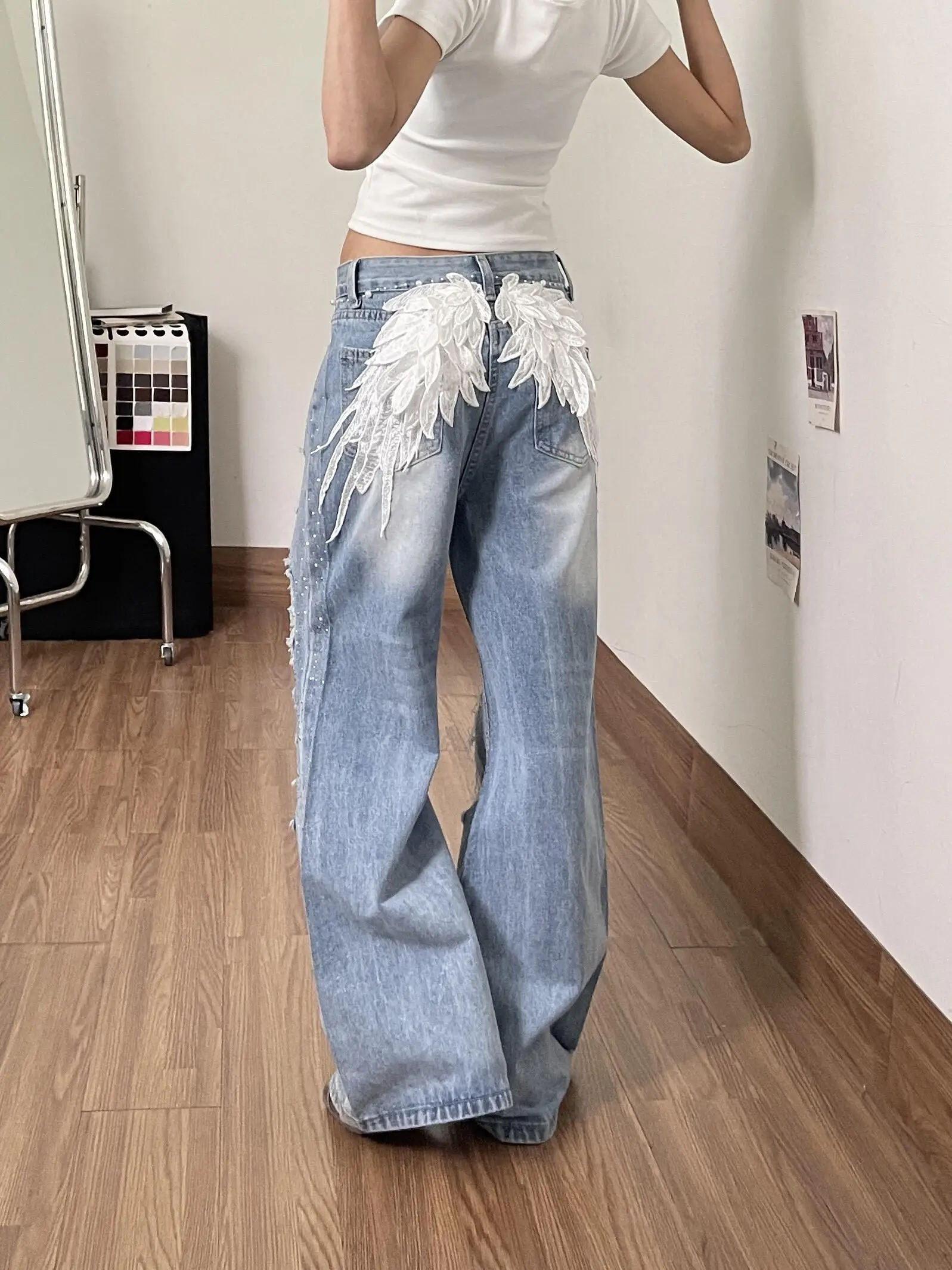 

American Style Heavy Embroidery Wings Rhinestone Hole Denim Jeans Women Summer Design Loose Slim Straight Leg Wide Leg Pants