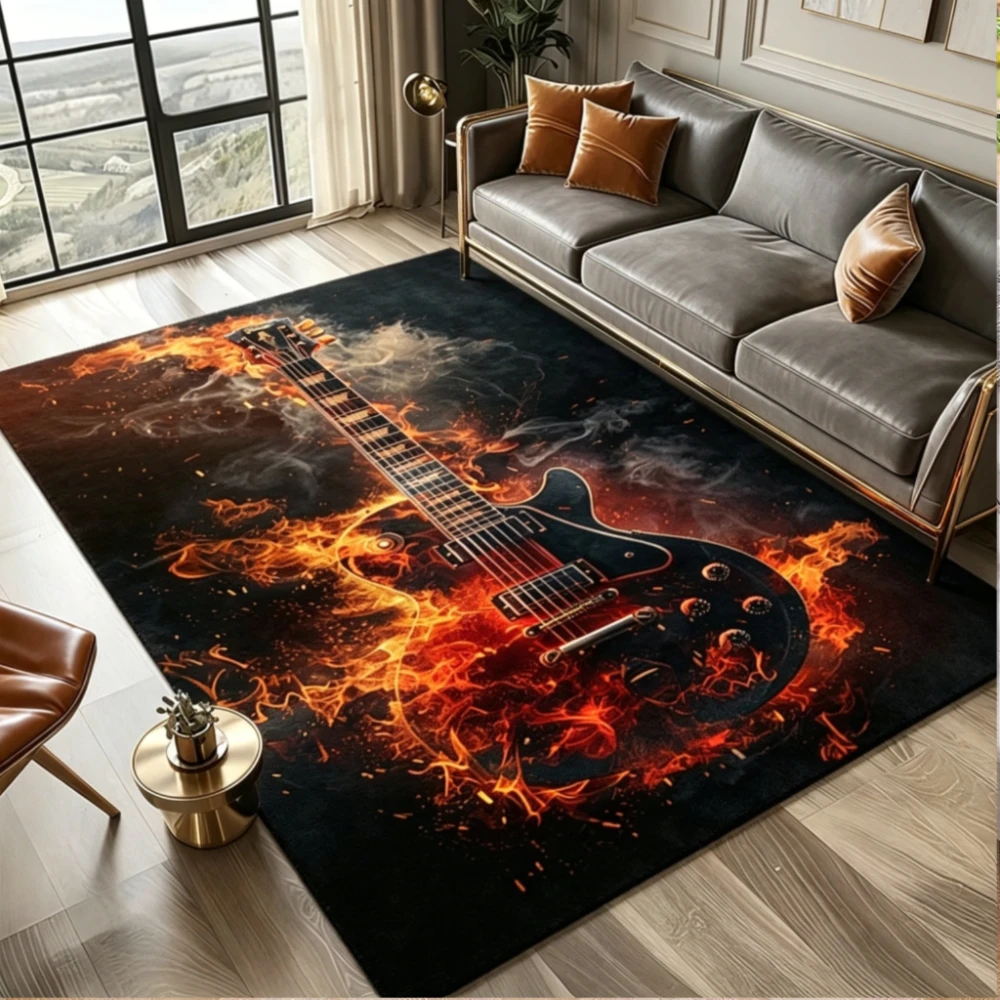 2D Flat Flaming Electric Guitar Pattern Rug, Non‑Slip Washable Mat for Living Room Bedroom Hallway Indoor Decor