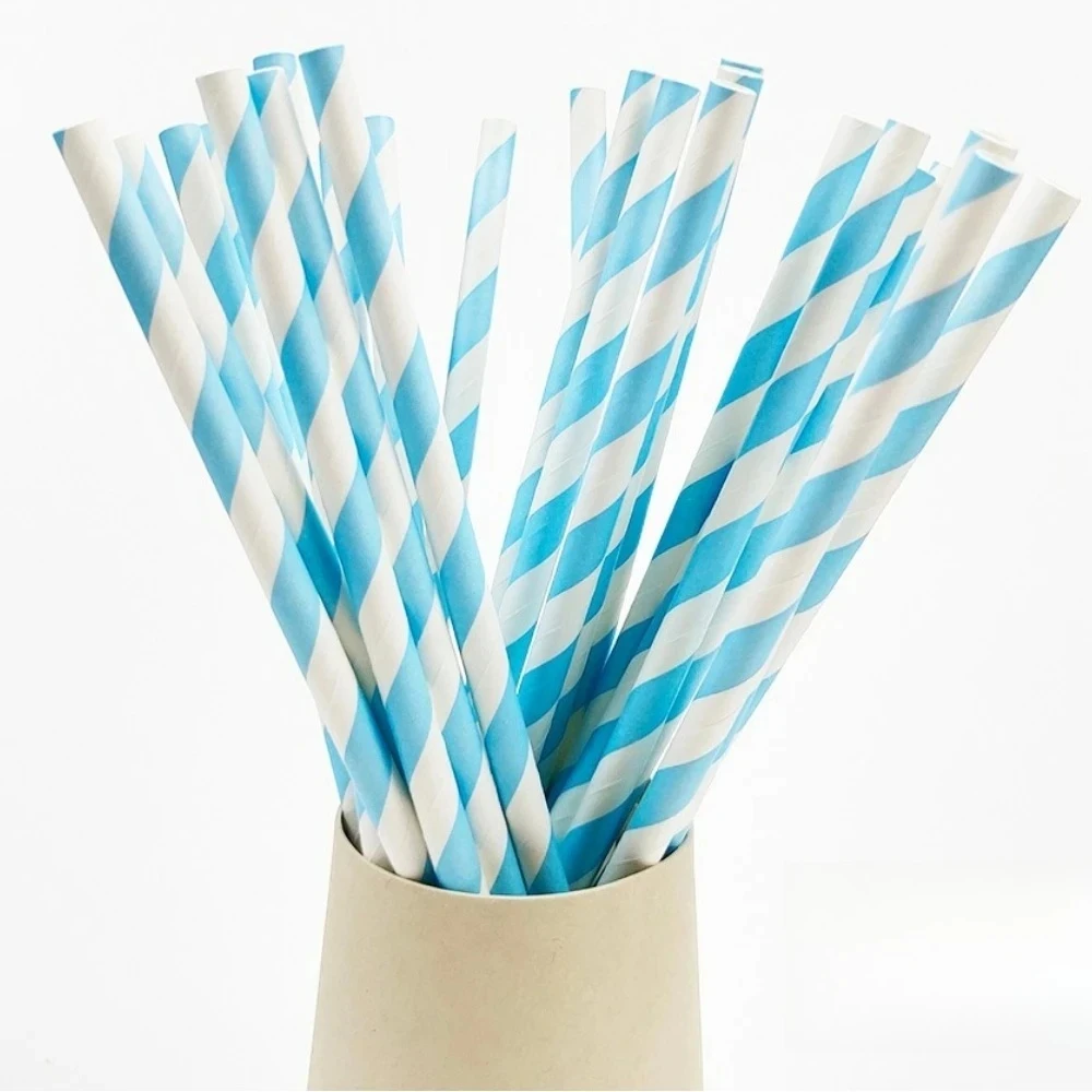 Biodegradable Paper Straw Blue White Striped Disposable Paper Straws for Coffee Milk Juice Cocktails Birthday Party Drinkware