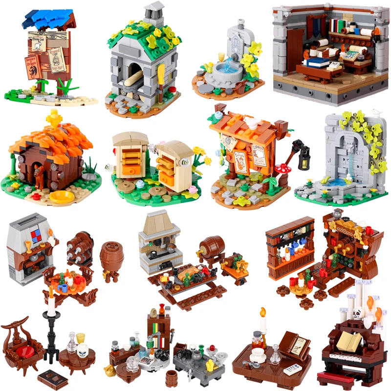 MOC Medieval Magic Scene Building Blocks Wizard Potion Studio Tavern Doghouse Bakery Fountain Halloween Witch Printed Brick Toys