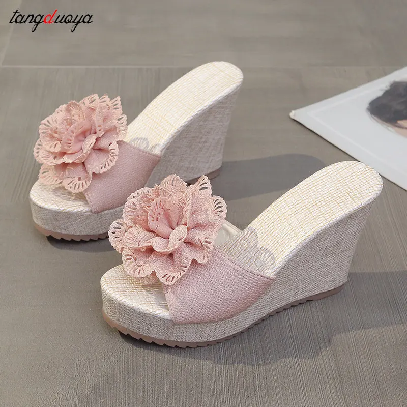 Pantofole da donna rosa moda Pee Toe scarpe estive con nodo a farfalla tacchi alti donna Slides Platform zeppe scarpe da donna da donna 42