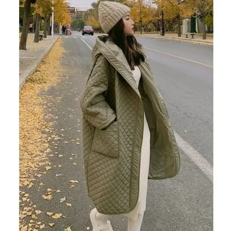 Checkered Hooded Cotton Jacket for Women's Mid Length 2023 New Autumn/winter Loose Fitting Fashionable Lightweight  WED-1987