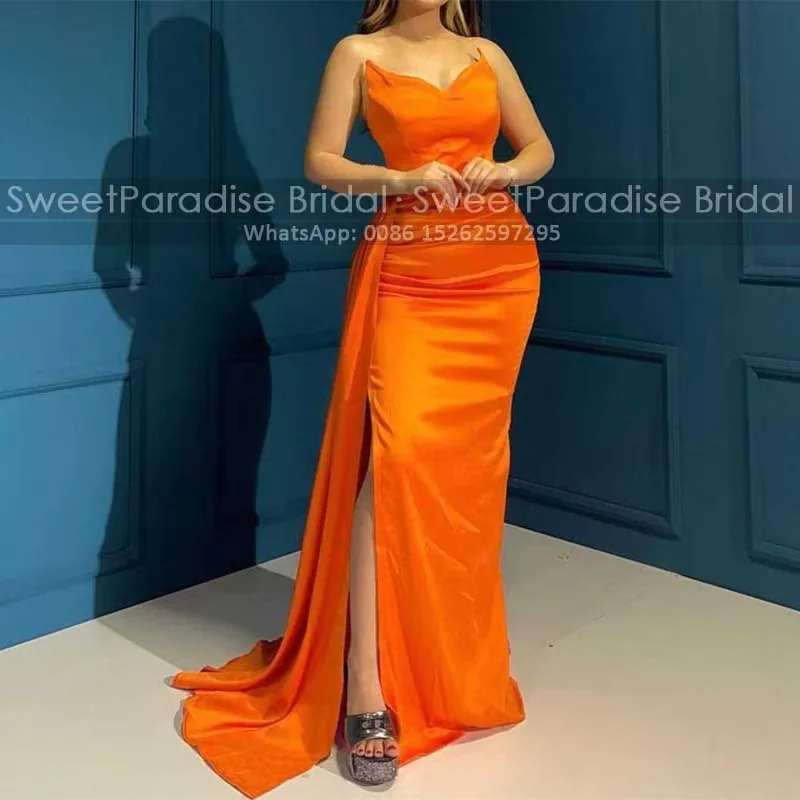 

Orange Long Mermaid Bridesmaid Dresses Waistline Cap Side Split Strapless Customized Trumpet Wedding Party Dress Maid Of Honor