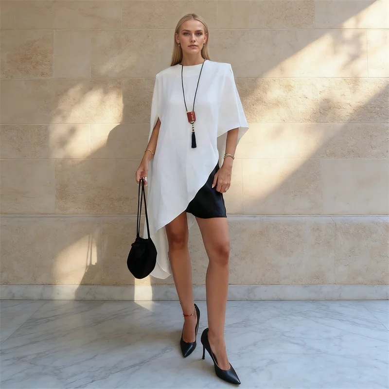 

Tsiisd Fashion Solid Satin Shawl Tank Top For Women Irregular Short Sleeve Loose Round Neck Elegant Clothes Female Tanks Tee Top