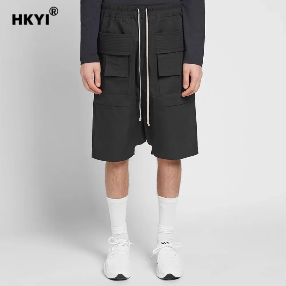 

HKYI High Street Solid Color workwear Multi Pocket Classic Black Double Loop Basic Shorts
