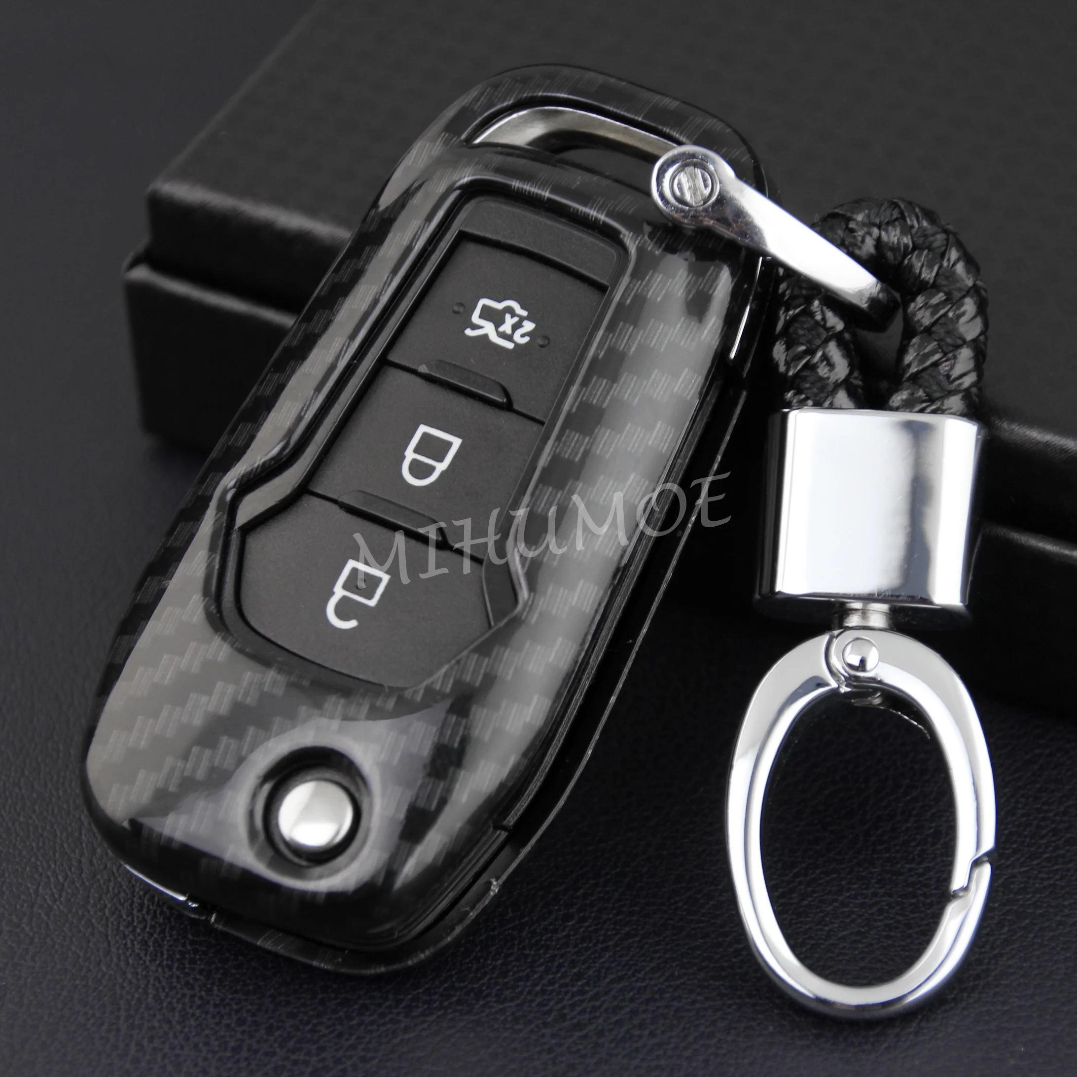 

For Ford Ecosport Everest Ranger XL F-150 STX F-250 F-350 F-450 XLT Carbon Fiber Flip Car Key Fob Cover Case Chain