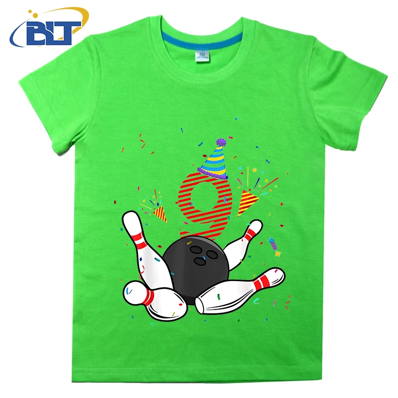 9th Birthday Bowling printed kids T-shirt, summer cotton short-sleeved casual top, suitable for both boys and girls