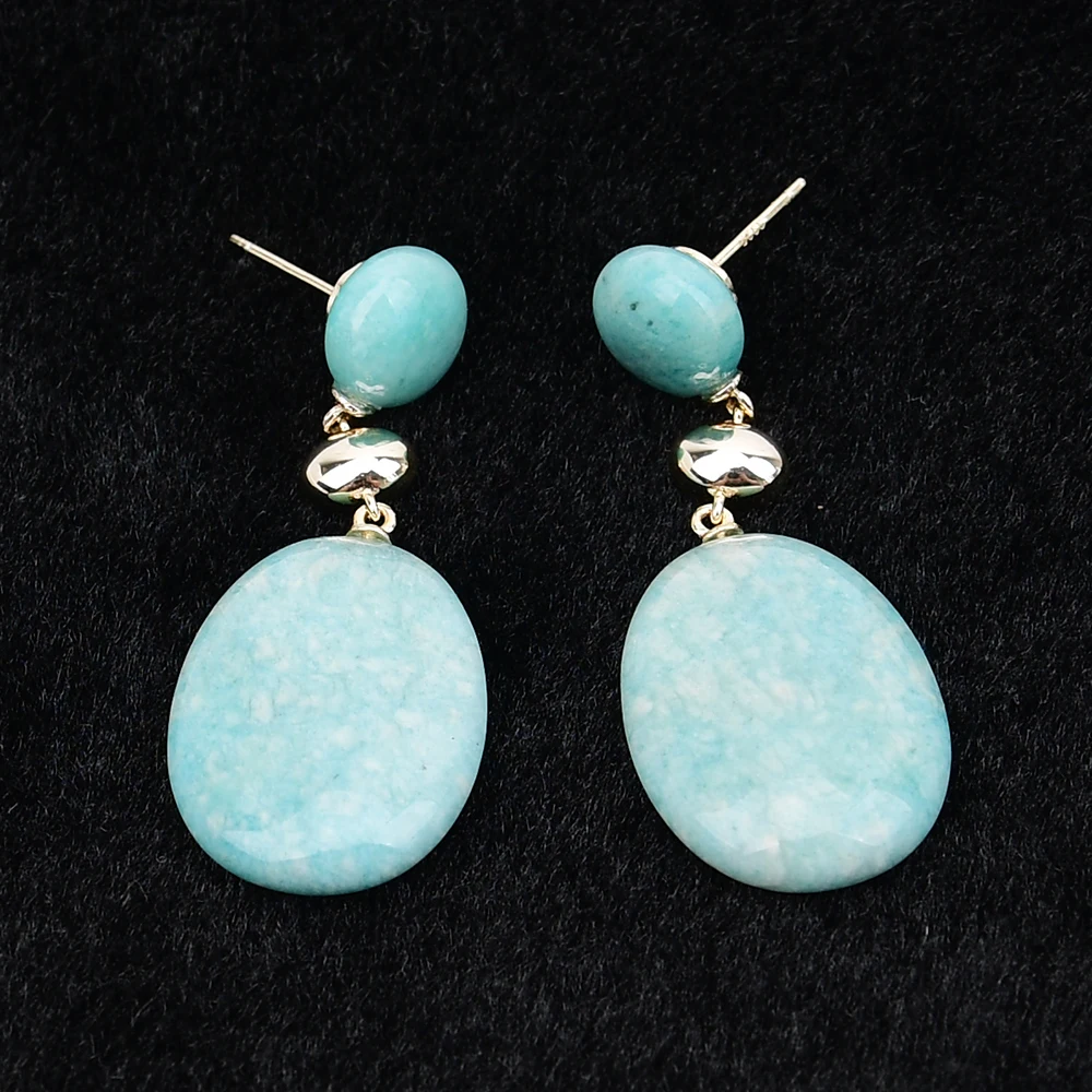 G-G Natural Green Amazonite Oval Shaped Stone Metal Stud Dangle Earrings Cute Jewelry Gifts For Lady