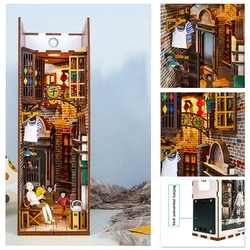 Chińska aleja DIY Book Nook domek dla lalek zapalają się 3D drewniane puzzle Bookends regał wstaw zestawy Diorama Doll House Booknook prezent