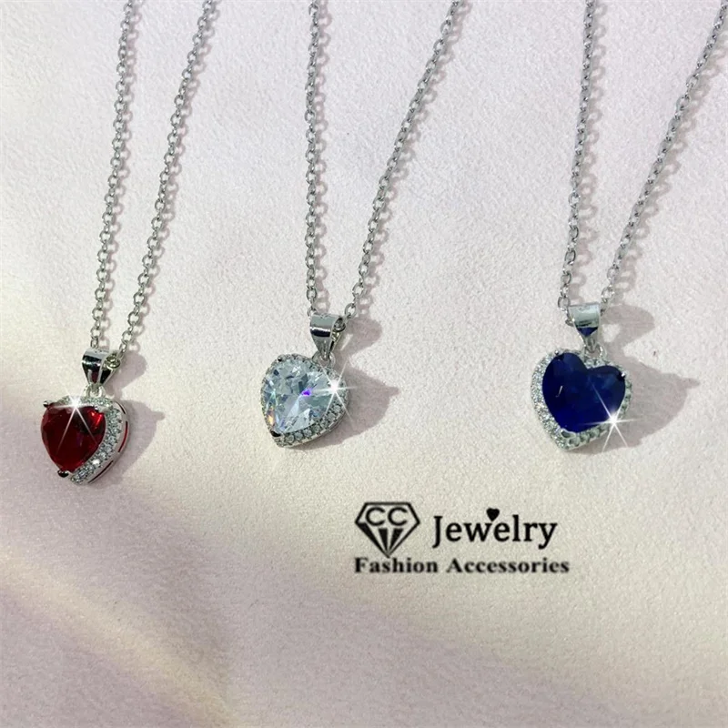 CC Heart Pendant Necklaces For Women 45cm Chain Red Blue Zirconia Love Romantic Accessory Party Jewelry Colar CCN107