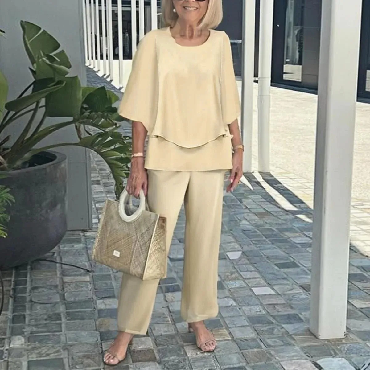 Summer Fashion New 2 piece Sets Women o-neck Sleeve print Pants Suits Casual Loose Irregular Top Wide Leg Pant two piece Set - Detail 1