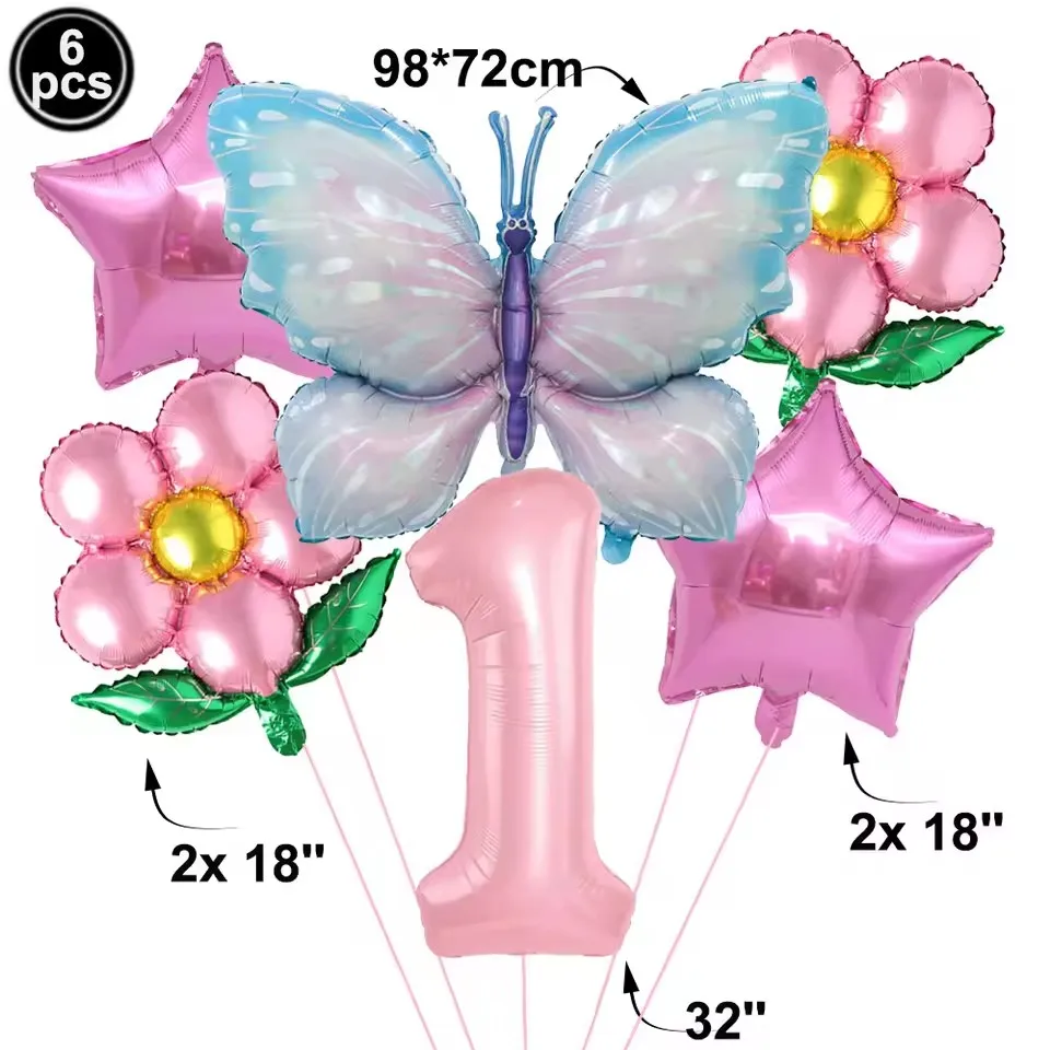 Rosa Zahlenballon Schmetterlingsballon Set Schmetterlingsballons Folie 32 Zoll 1.-9. Zahlen Geburtstagsdekoration für Mädchen Babyparty