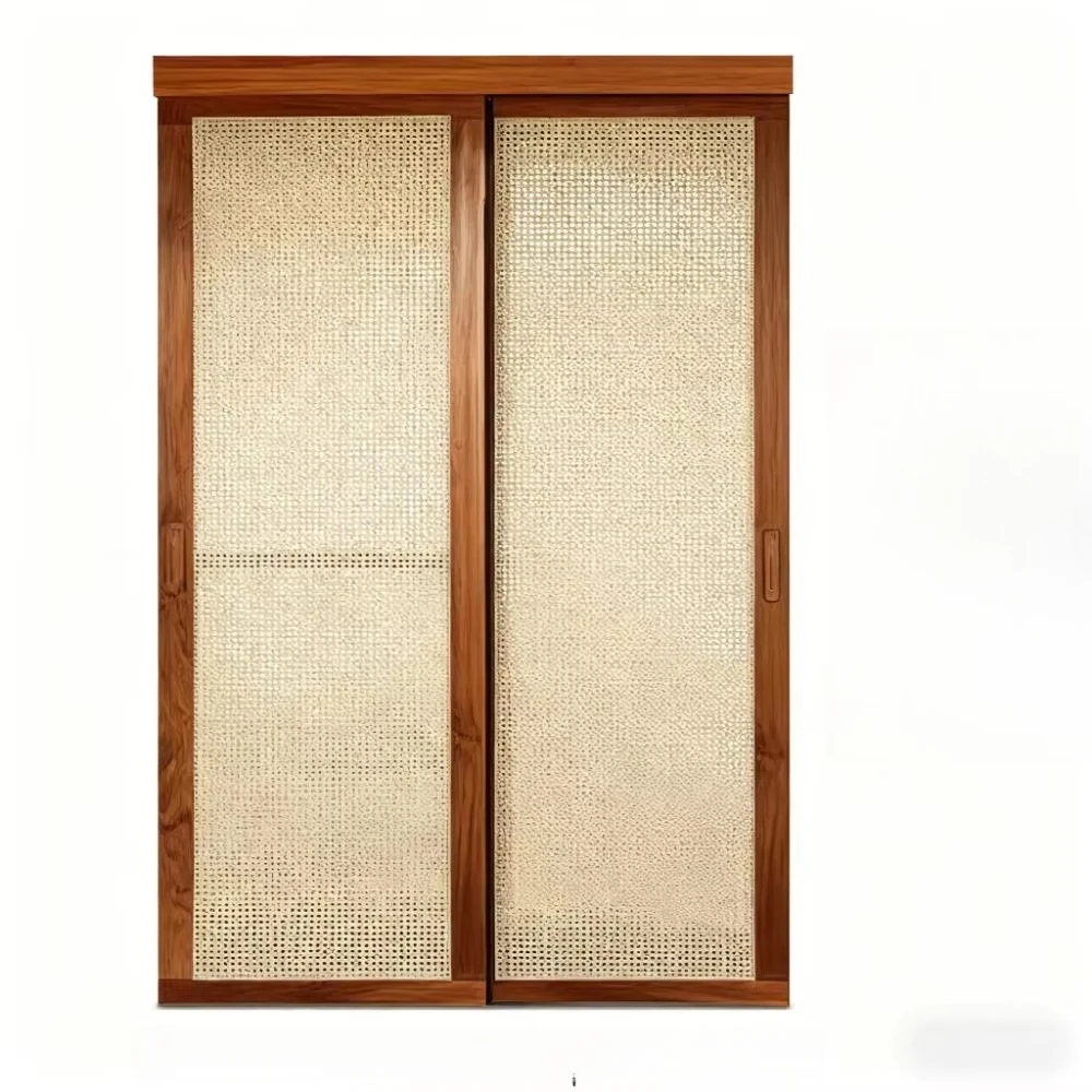 

sh Grade Puertas Corredizas Modern Solid Wood Slab Linen Door with Invisible Partition Rattan Design Interior Finished Surface%