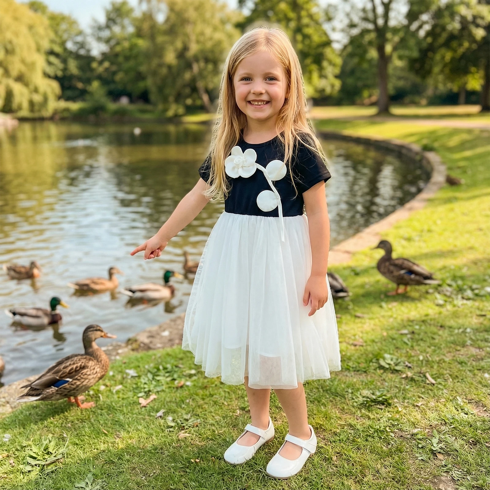 4-10Y Fashion Kid Girl Summer Princess Party Dress 3D Floral Tulle Patchwork Short Sleeves Round Neck A Line Dresses Sundress